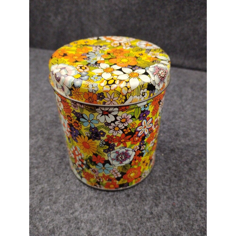 Vintage 1960's 70's Flower Power Lidded Tin Tea Canister Chintz Print Retro